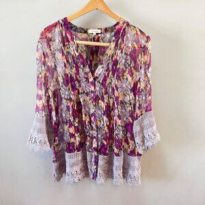 Sundance‎ Womens Multicolor Printed Silk Blouse W/ Lace Trim Bell Sleeves Size M